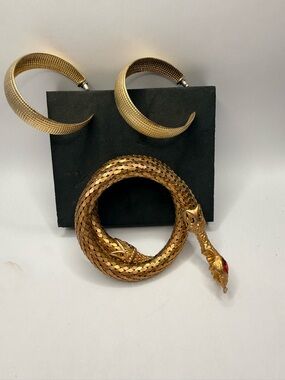 Gold Snake Bracelet Red Eyes Wrap Coil Bracelet + Hoop Earrings Statement Set